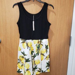 Simier Fariry, NWT, Sleeveless Tank Mini Fit & Flare Dress, Yellow Lemons/Black